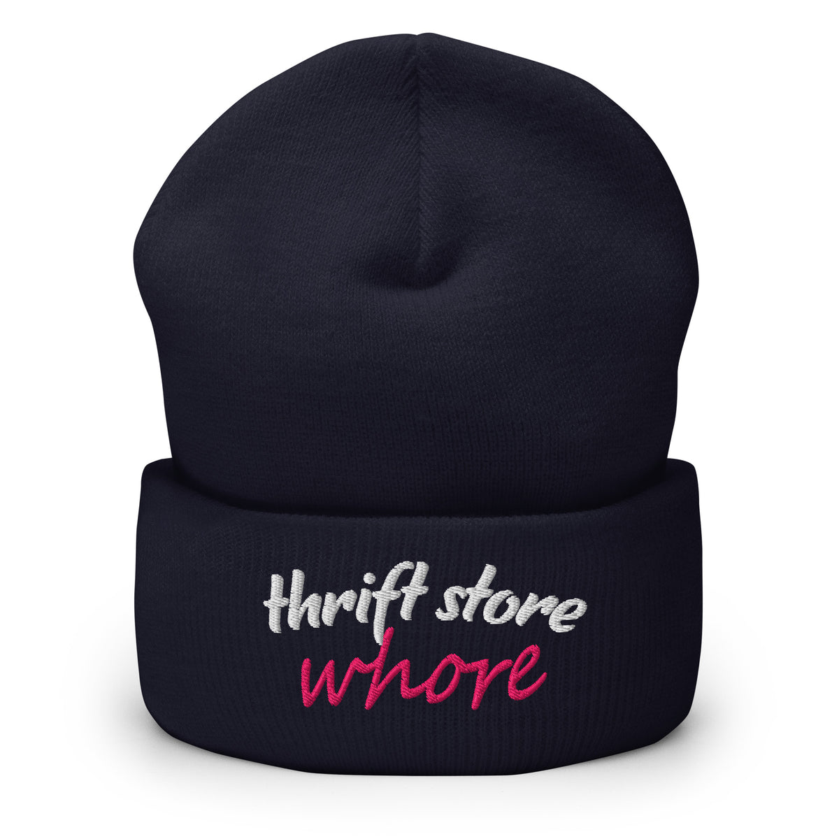 Navy cuff beanie with embroidered "thrift store" and "whore" text