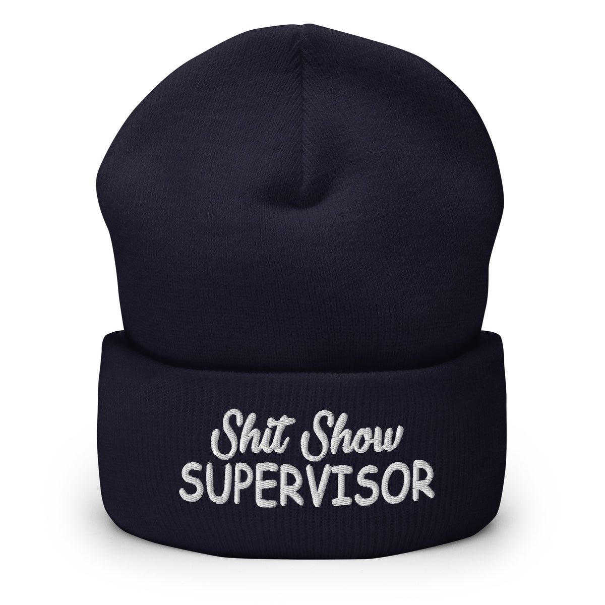 Navy knitted beanie with folded cuff and embroidered “Shit Show SUPERVISOR” logo