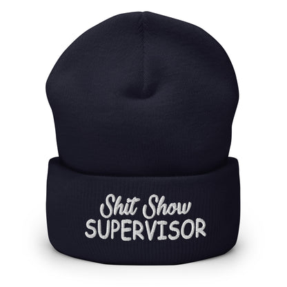 Navy knitted beanie with folded cuff and embroidered “Shit Show SUPERVISOR” logo