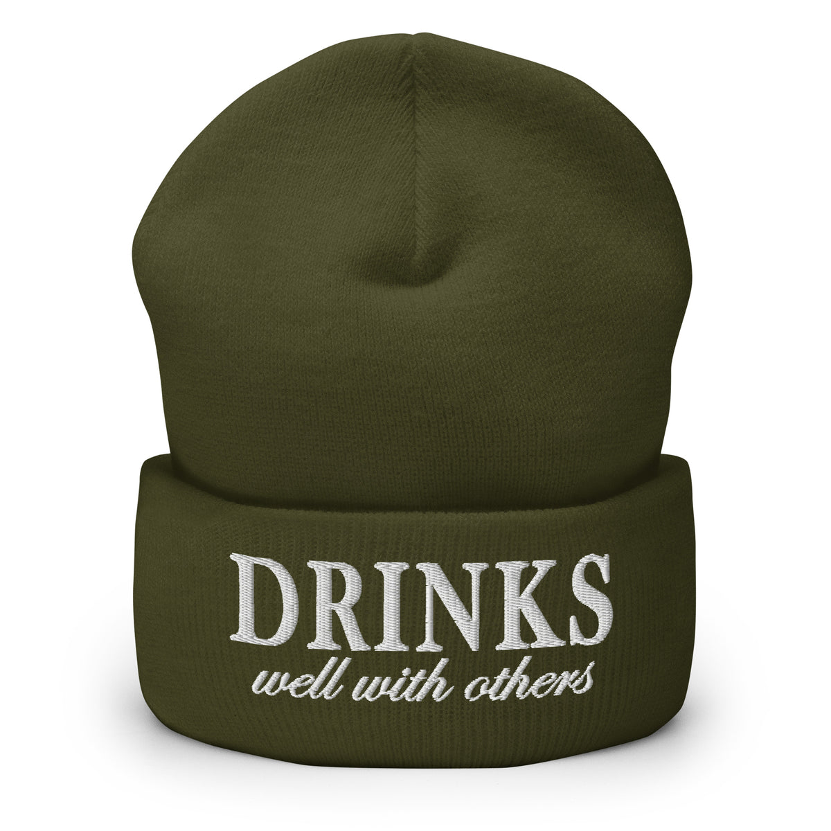 Olive knit cuffed beanie with embroidered 'DRINKS' and 'well with others'