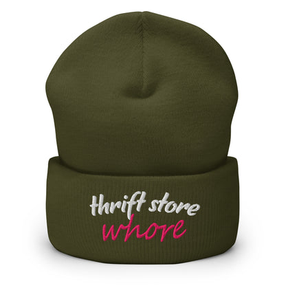 Olive cuff beanie with embroidered "thrift store" and "whore" text