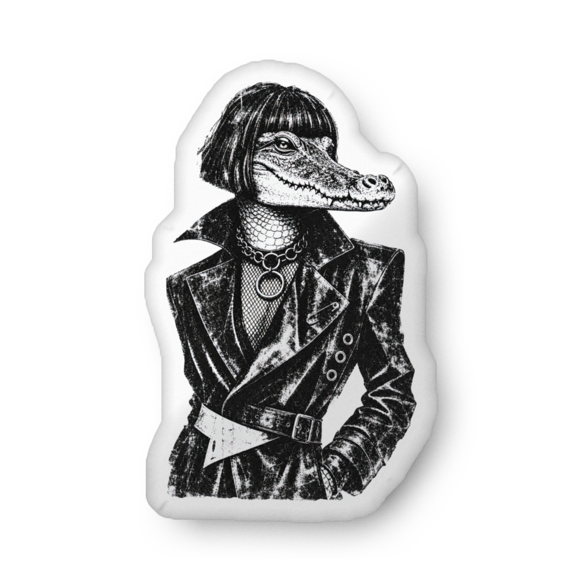 Gatonista custom-shaped pillow with black-and-white dressed dog portrait, front view