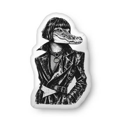 Gatonista custom-shaped pillow with black-and-white dressed dog portrait, front view