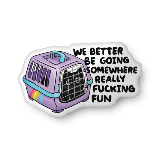 Cat carrier graphic custom-shaped pillow, purple with teal accents and black text