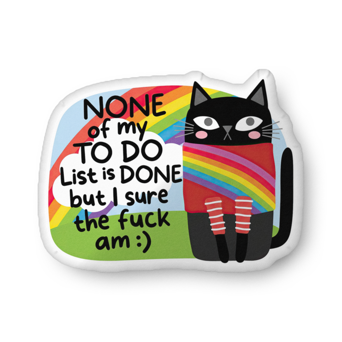 Custom-shaped throw pillow with cat graphic, rainbow stripe, and bold text design