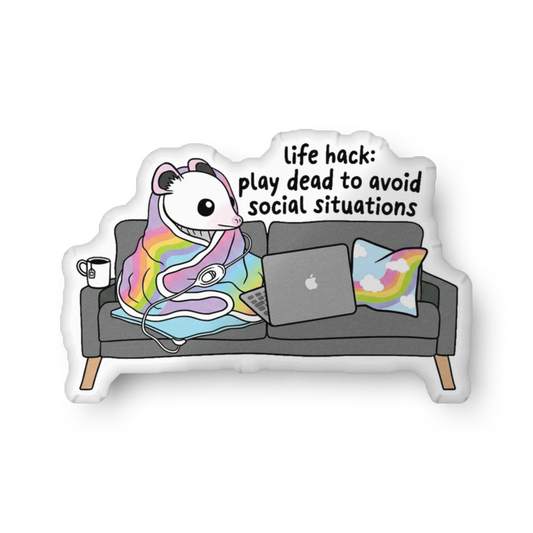 Custom-shaped throw pillow with cartoon penguin on couch and 'life hack' text