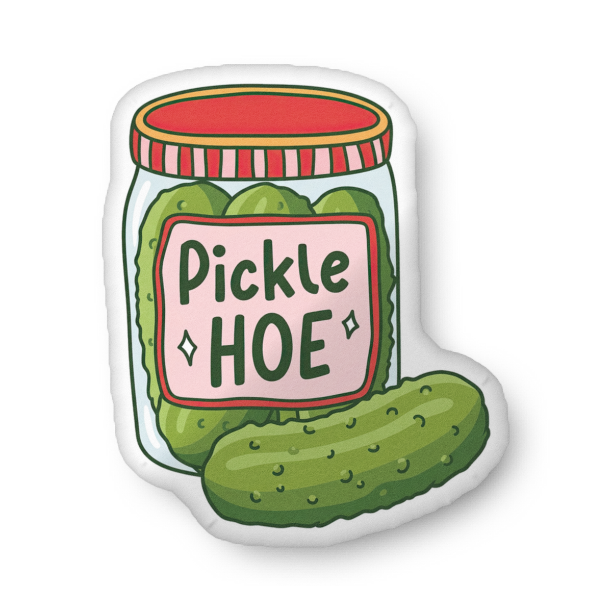 Custom-shaped pickle jar graphic pillow with 'Pickle HOE' text and green pickle slices