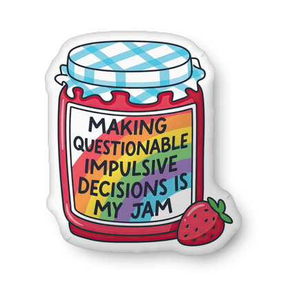 Custom-shaped pillow with jar graphic and text, red jar with plaid lid, strawberry