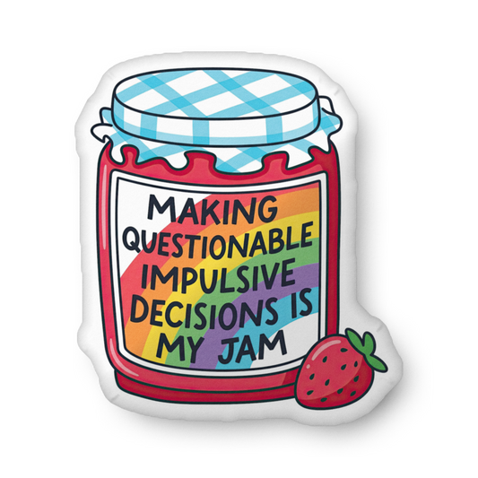 Custom-shaped pillow with jar graphic and text, red jar with plaid lid, strawberry