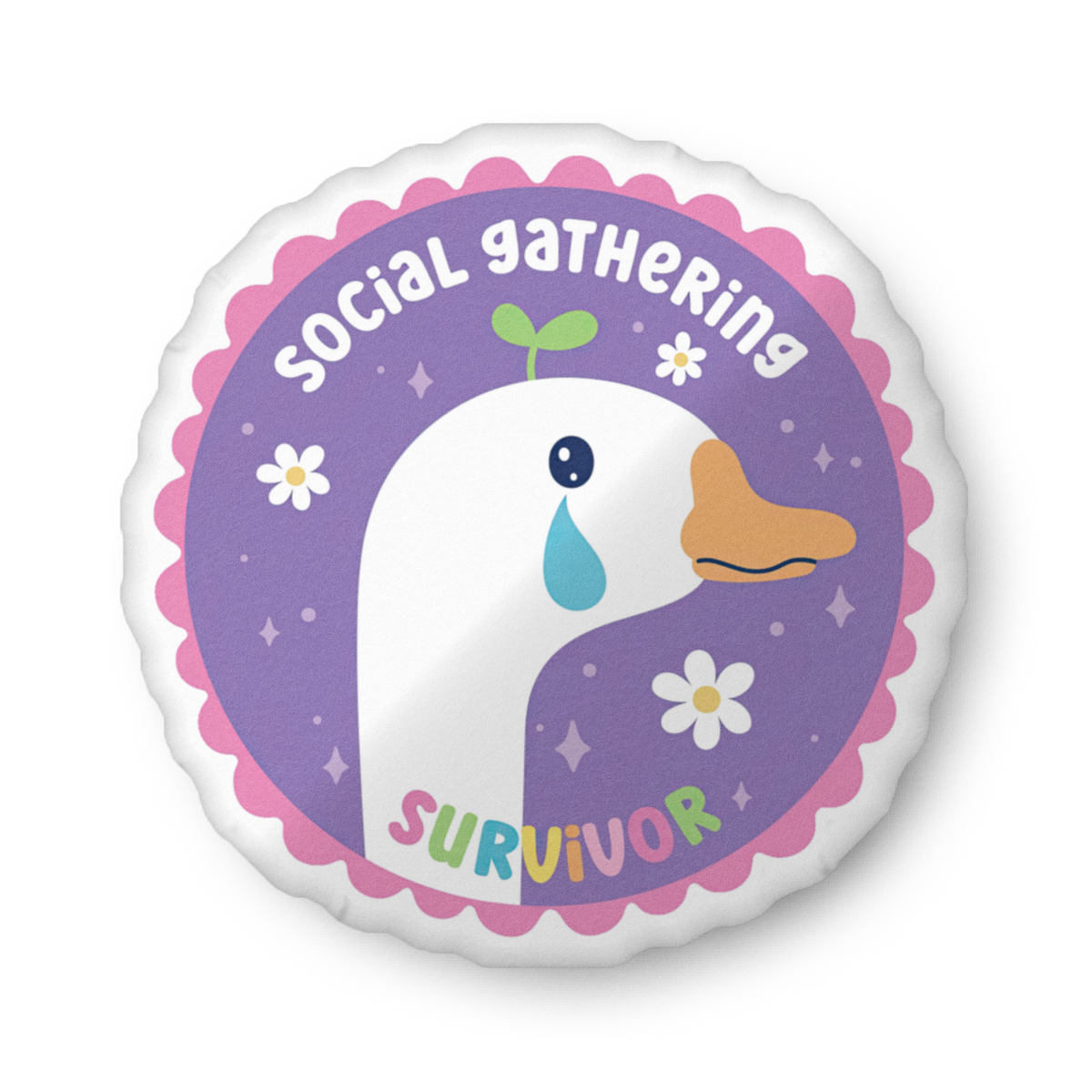 Custom-shaped pillow with purple duck illustration, 'Social gathering Survivor' text