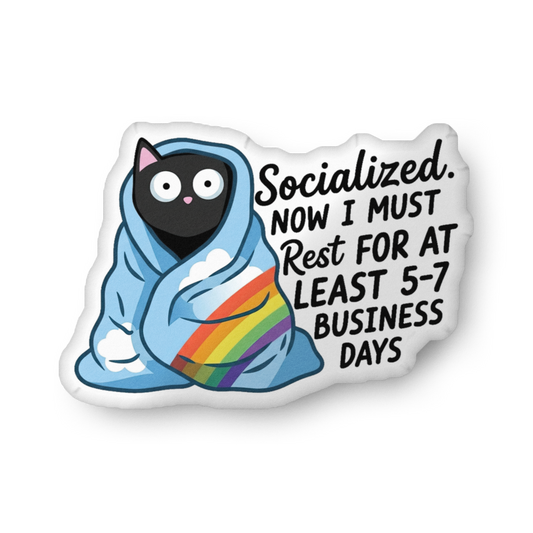 Custom-shaped throw pillow with cartoon black cat in blue hoodie holding rainbow heart