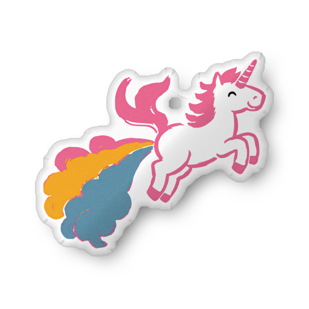 Unicorn-shaped pillow with pink-and-white unicorn on rainbow mane