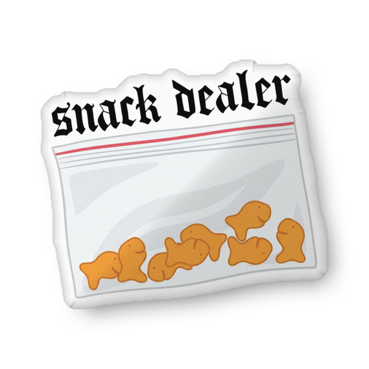 Custom-shaped snack-themed pillow in snack bag shape with “snack dealer” text and orange snacks