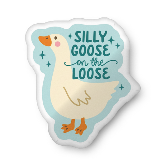 Goose-shaped custom pillow with teal goose graphic and 'Silly Goose on the Loose' text
