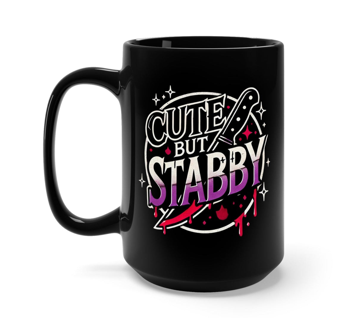 Funny "Cute But Stabby" — Black ceramic mug with Cute But Stabby graphic and star accents, right-side handle