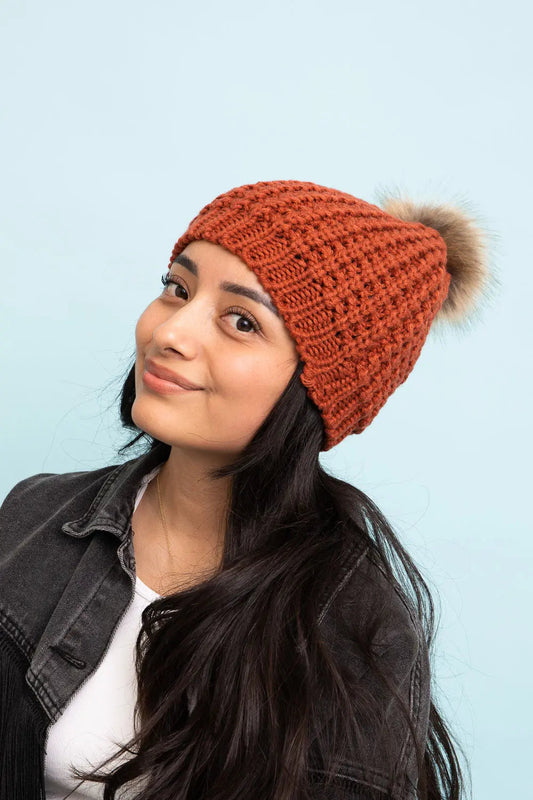 Cute Textured Pom Beanie knit winter hat in Rust