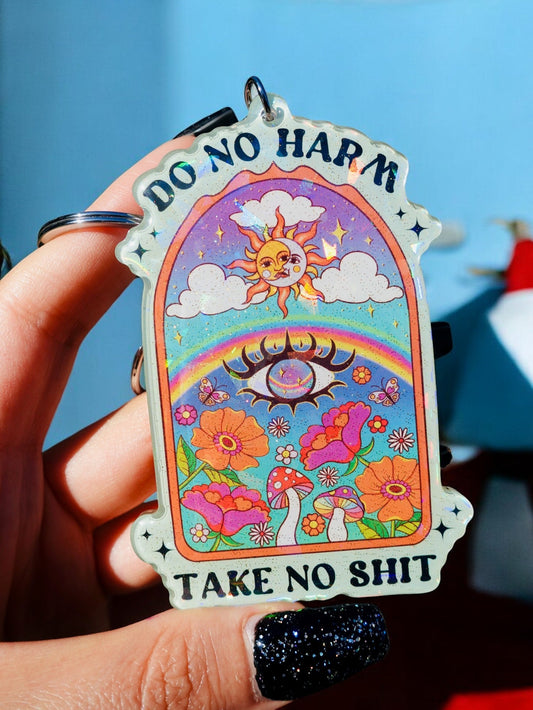 Funny Enamel keychain charm with starry arch design and 'DO NO HARM'/'TAKE NO SHIT' text.