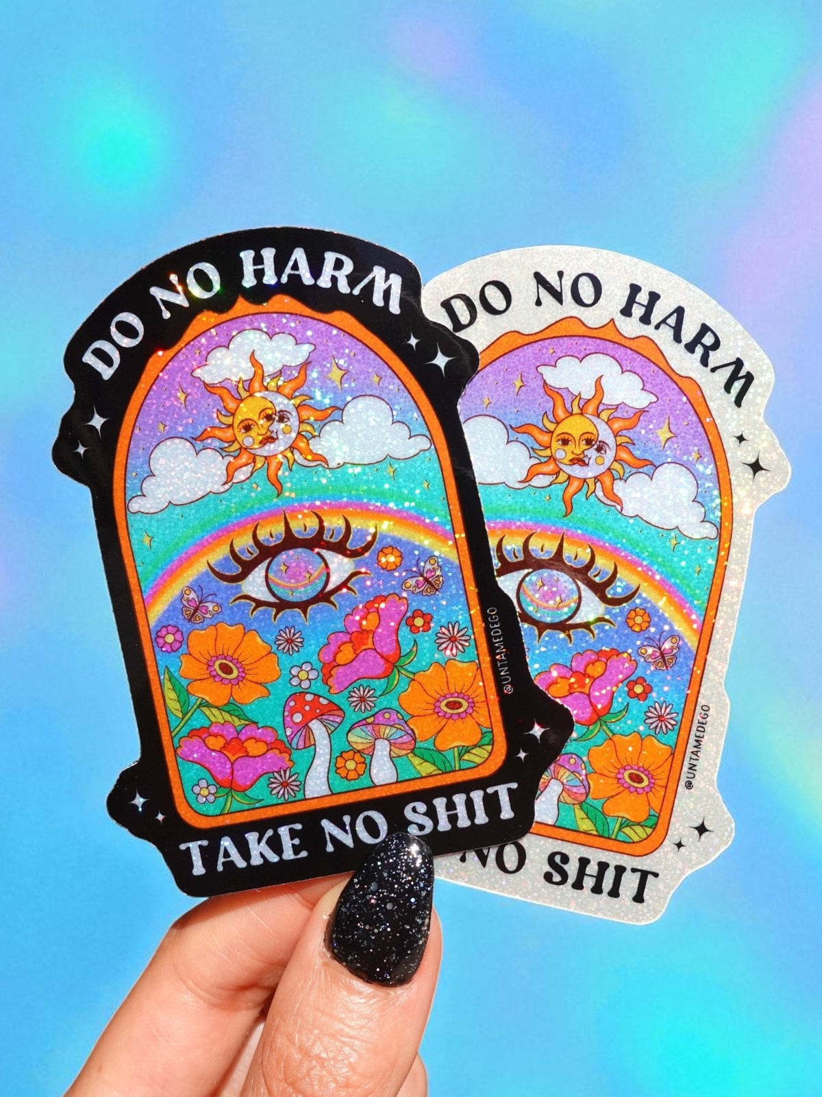Funny Arch sticker pair with cartoon sun, flowers, and text 'DO NO HARM' / 'TAKE NO SHIT'.