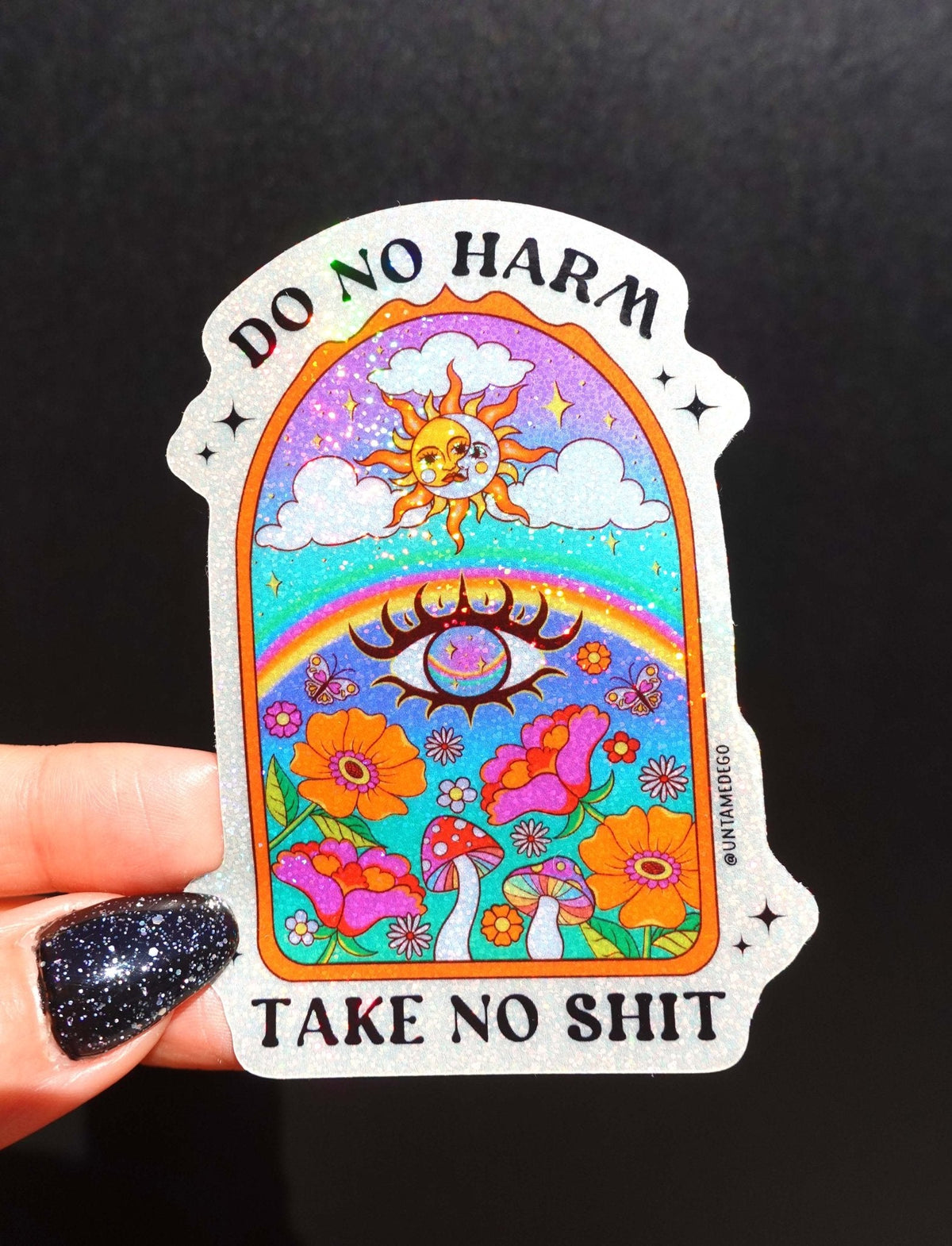 Funny Arch-shaped sticker with cartoon sun over flowers and text 'TAKE NO SHIT'.