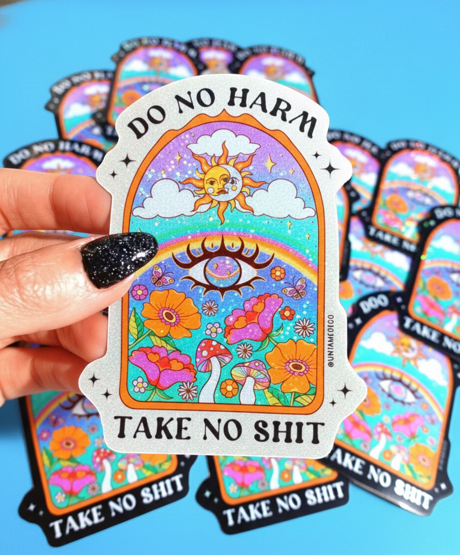 Funny Arch-shaped sticker held up with cartoon sun, rainbow garden, and text 'DO NO HARM'.