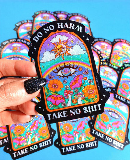 Funny Arch-shaped sticker with cartoon sun, colorful flowers, and 'TAKE NO SHIT' text.