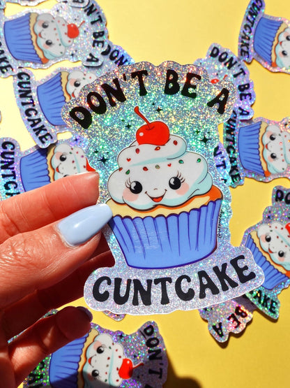 Funny Pack of glitter cupcake cat stickers with blue frosting and “DON’T BE A” text