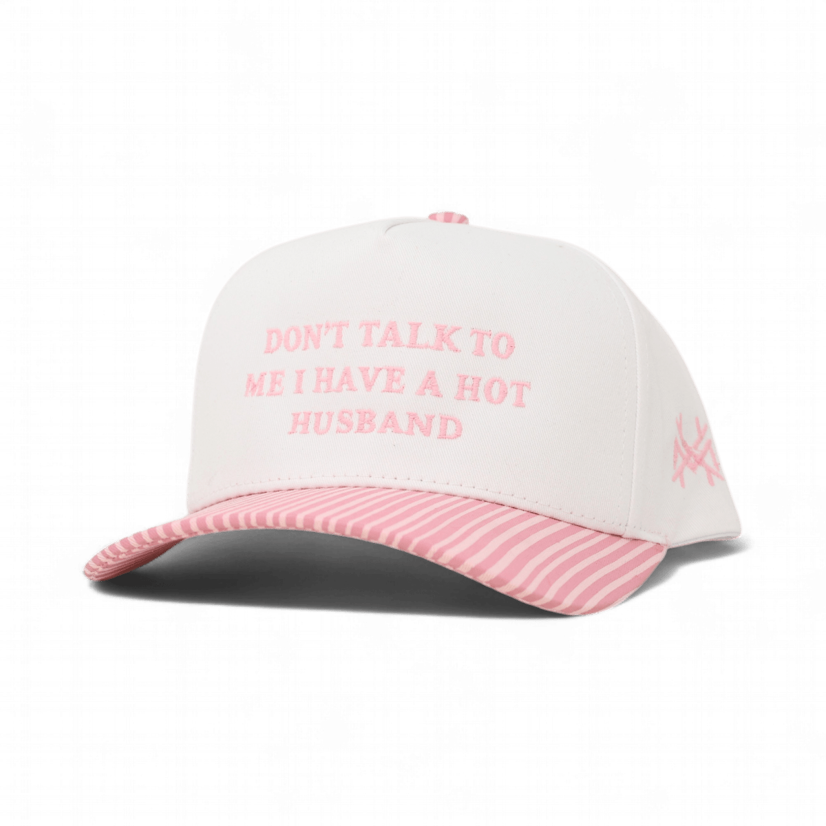 Don't Talk To Me I Have A Hot Husband Funny Embroidered Snapback Hat in Retro Pink Striped/White – Ivy + Cloth