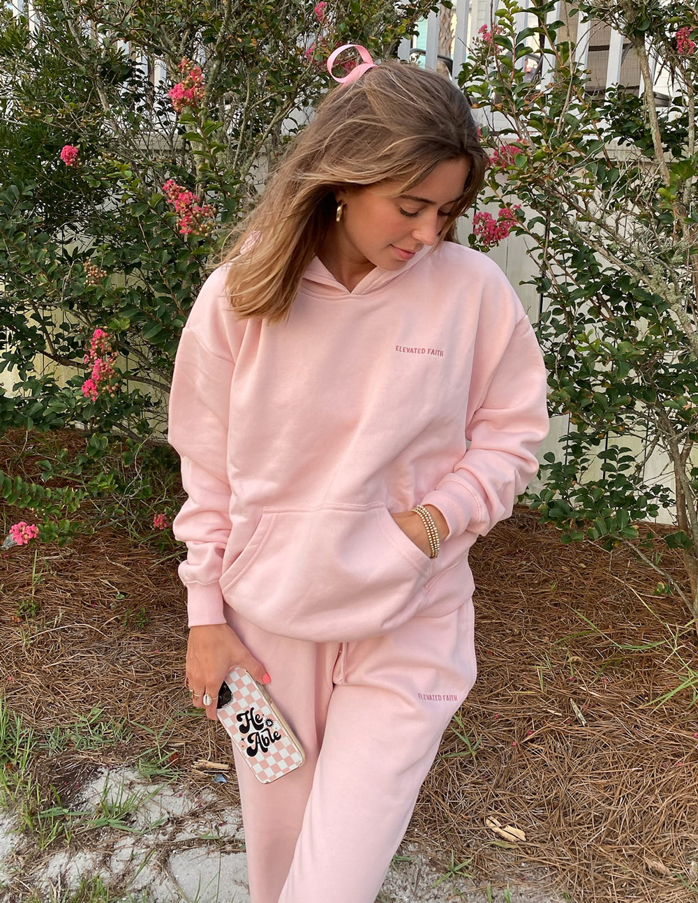 Light pink Christian Hoodie by Elevated Faith, featuring a cozy design and front pocket