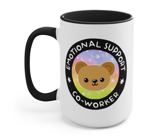 Funny "Emotional Support Coworker" — White mug with black handle; circular bear logo and 'Emotional Support Co-worker' text