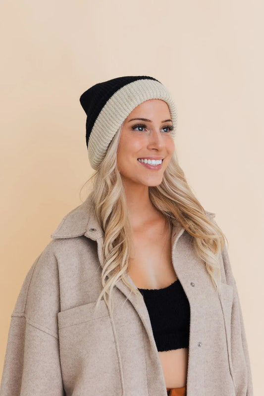 Essential Harmony Two-Tone Knit Beanie knit winter hat in Black