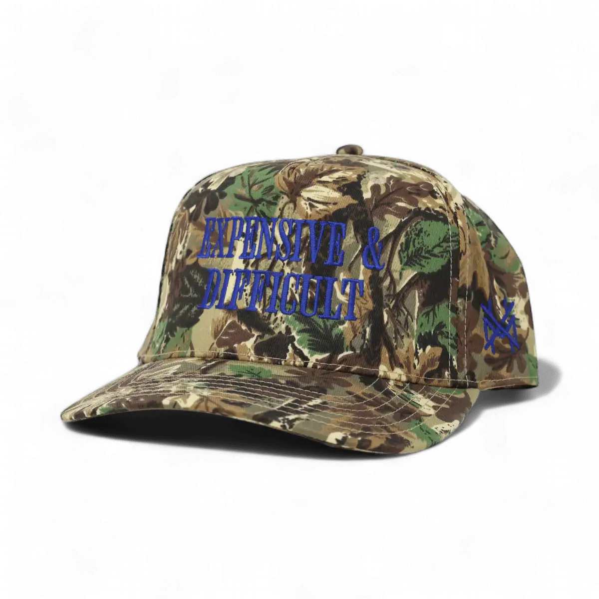 Expensive & Difficult Funny Embroidered Hat in Retro Leaf Camo with Royal Blue Thread – Ivy + Cloth