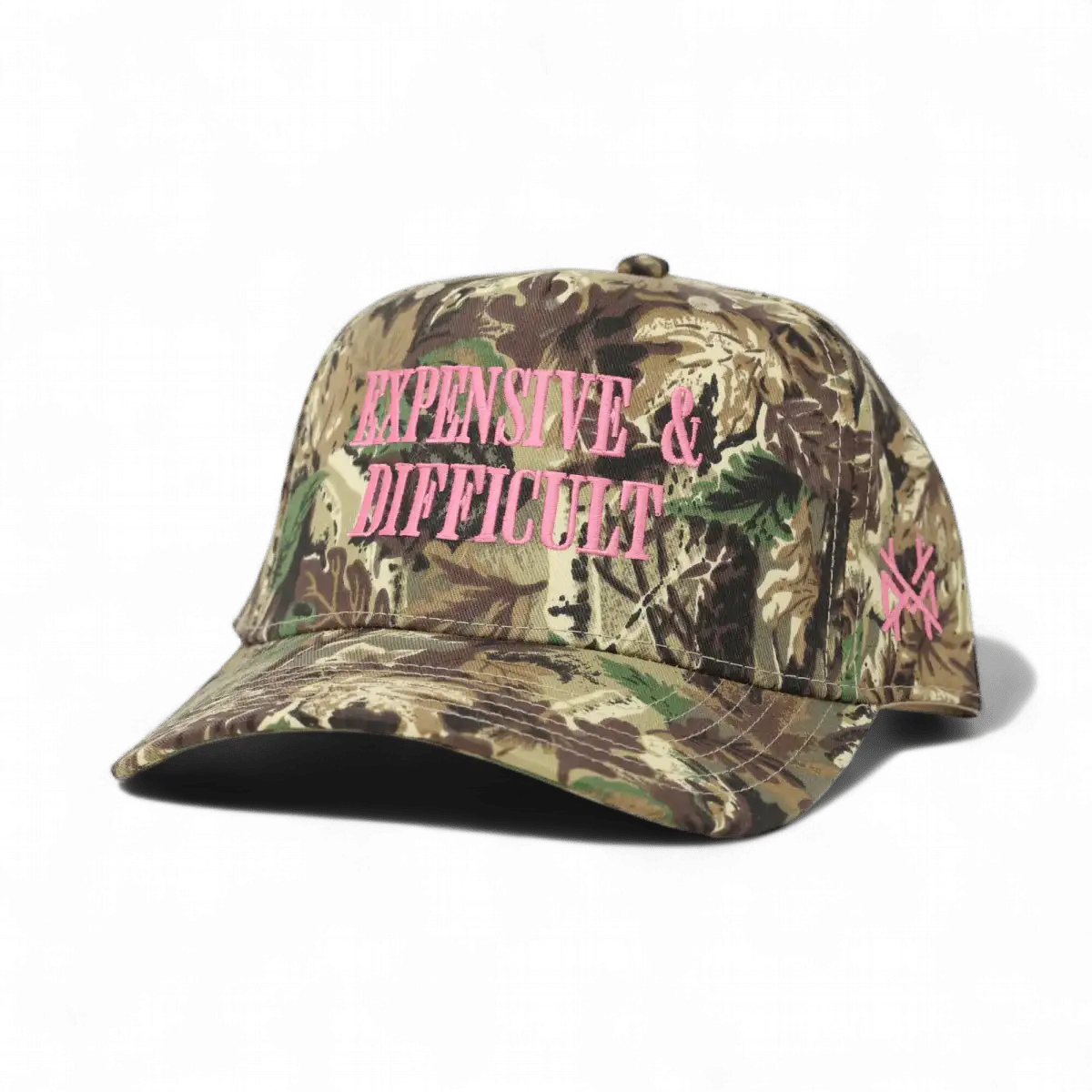 Expensive & Difficult Funny Embroidered Hat in Retro Camo with Pink Thread – Ivy + Cloth