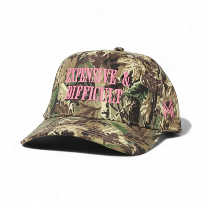 Expensive & Difficult Funny Embroidered Hat in Retro Camo with Pink Thread – Ivy + Cloth
