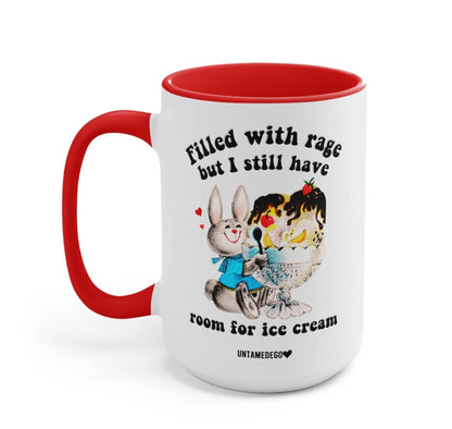 Funny "Filled With Rage But I Still Have Room For Ice Cream" — White ceramic coffee mug with red handle, colorful animal ice-cream graphic and text