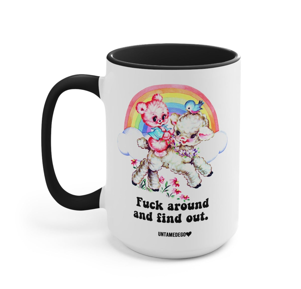 Funny "Find Out" — White ceramic mug with black handle, rainbow animal graphic, bold text
