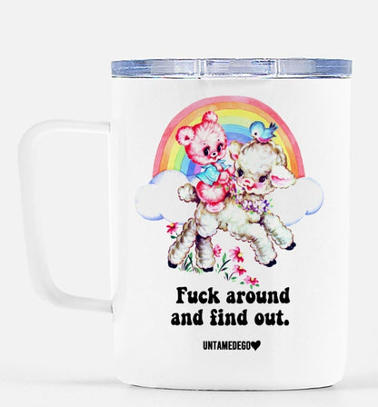 Funny "Find Out" — White ceramic travel mug with clear lid, rainbow animal graphic and slogan text