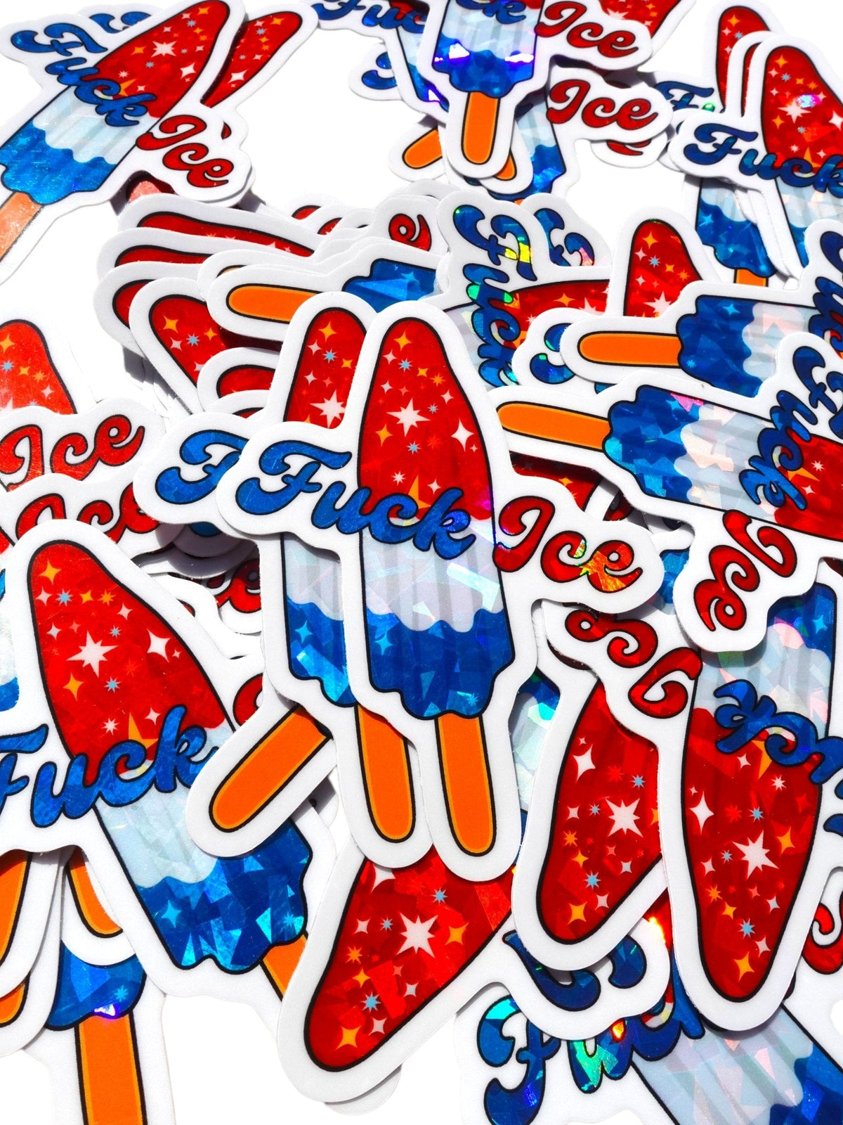 Funny Sheet of red and blue popsicle 'Fuck Ice' script stickers, assorted positions