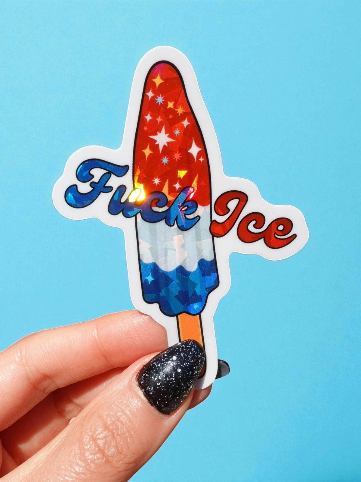 Funny Red and blue popsicle graphic sticker with 'Fuck Ice' script lettering