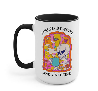 Funny "Fueled By Spite And Caffeine" — White coffee mug with black handle; skull graphic text: 'Fueled by Spite' and 'Caffeine'.