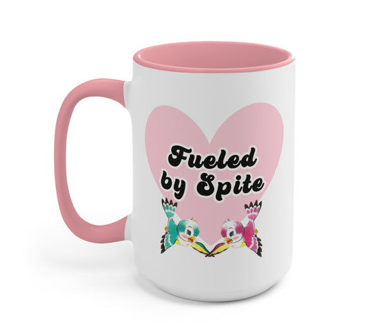 Funny "Fueled By Spite" — White mug with pink rim and handle; 'Fueled by Spite' owl graphic