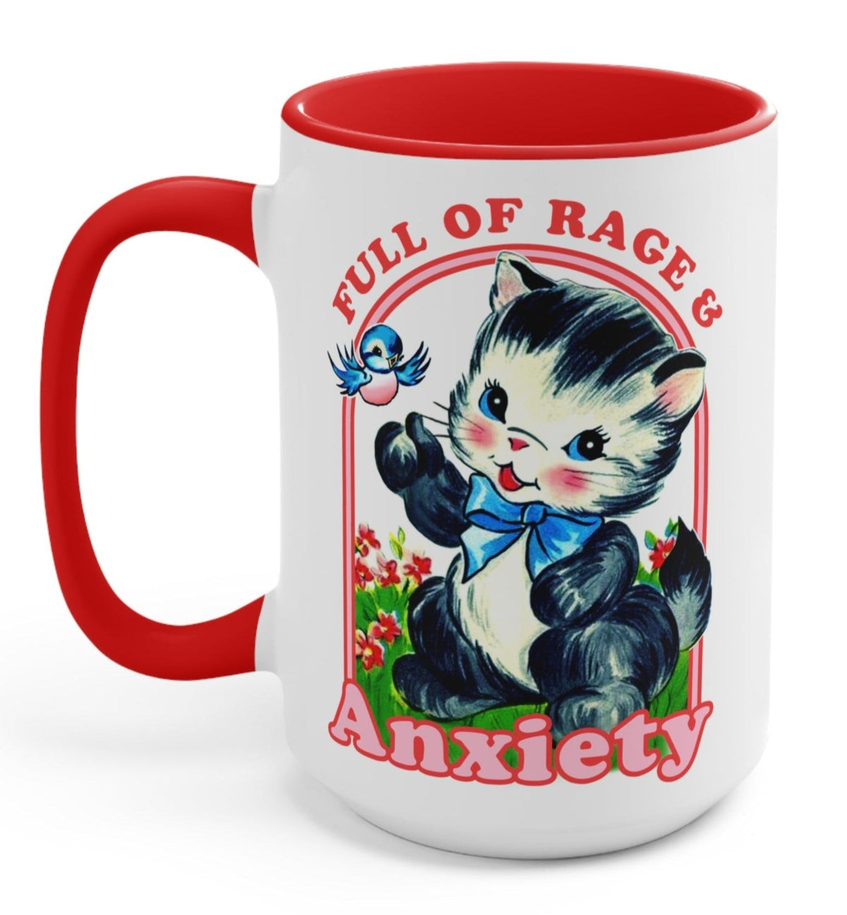 Funny "Full Of Rage And Anxiety Kitty" — White cat mug with red rim/handle, kitten illustration and 'Full of Rage & Anxiety' text