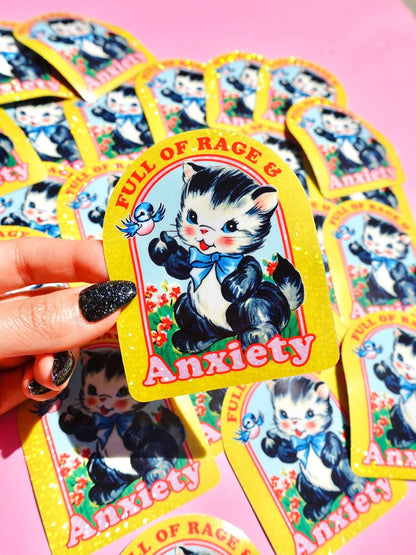 Funny Set of anxiety cat stickers with yellow glitter outlines, black-and-white kitten and red text