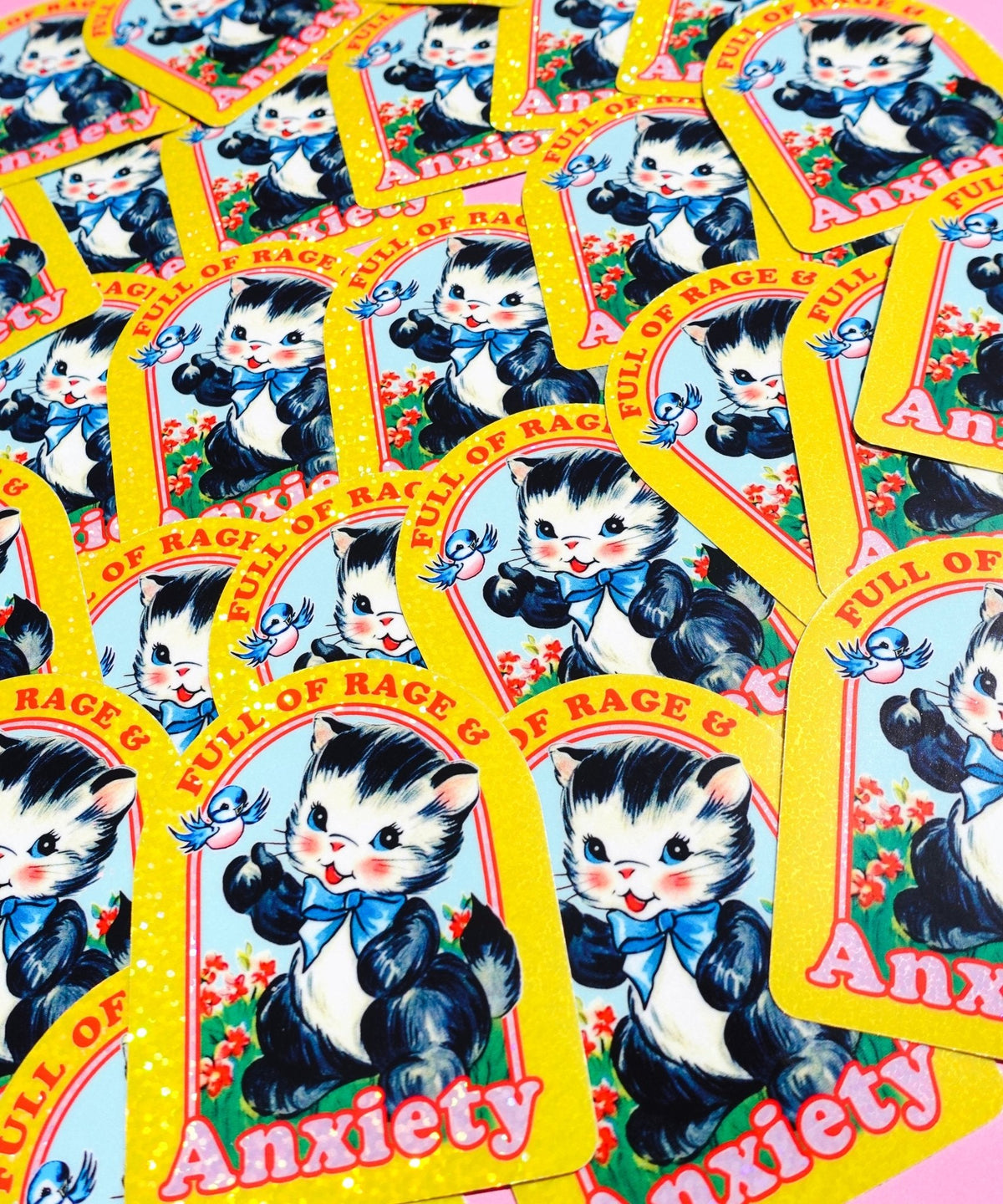Funny Repeat pattern of anxiety cat stickers with yellow glitter borders and red 'Anxiety' text
