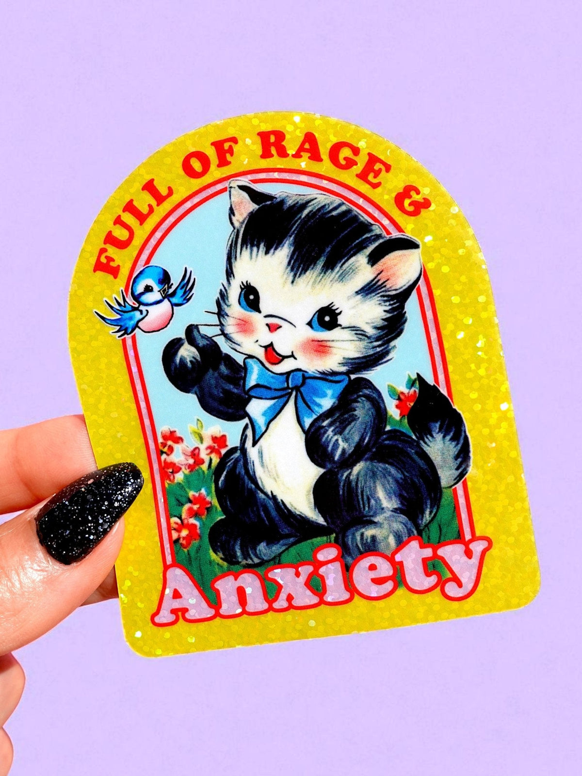 Funny Anxiety cat sticker with yellow glitter border, black-and-white kitten, red lettering