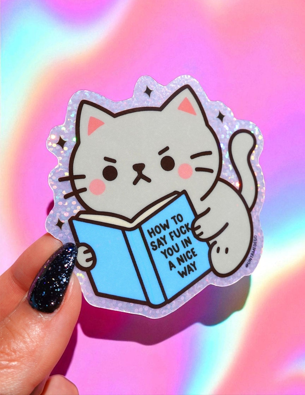 Funny Angry kitty reading book sticker, white cat with blue book text, glitter outline