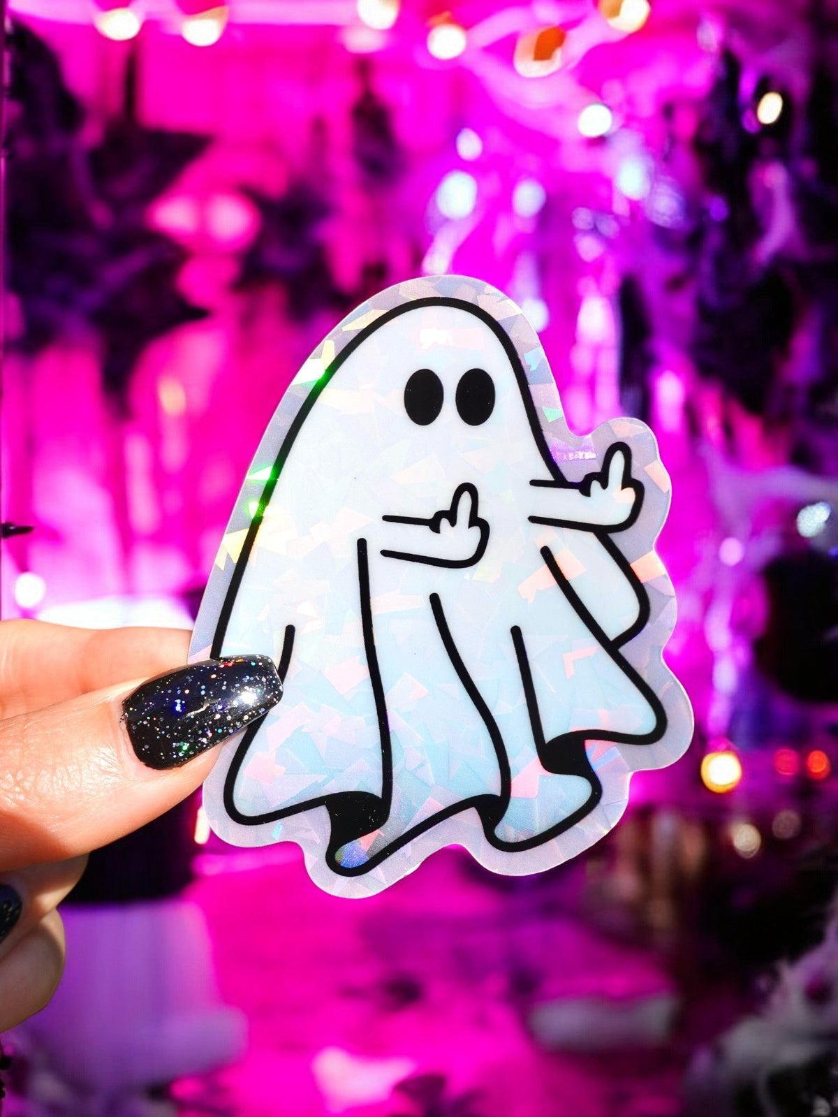 Funny White ghost sticker with raised finger gesture, glossy outline