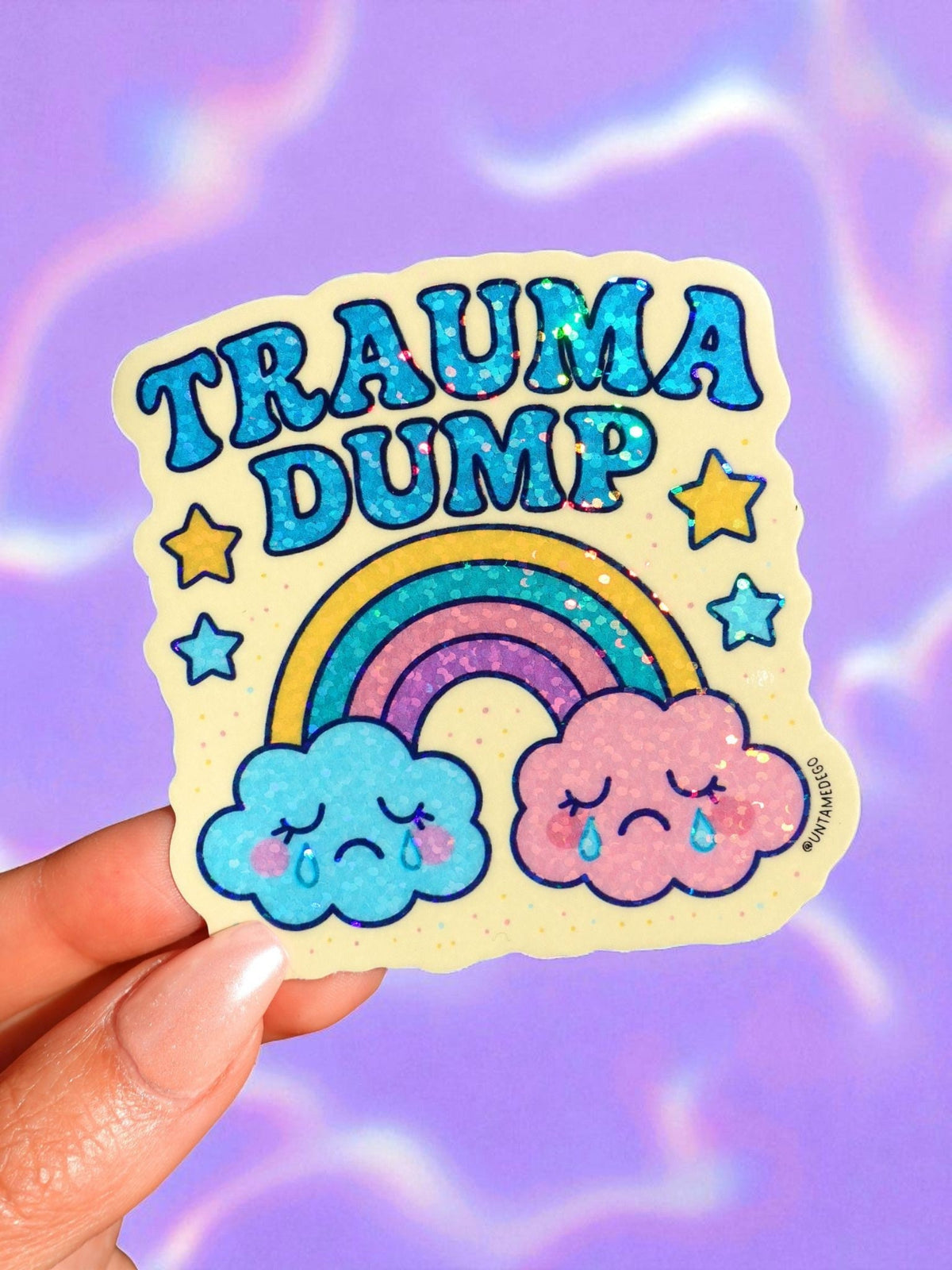 Funny Rainbow sticker with clouds and text “TRAUMA DUMP”