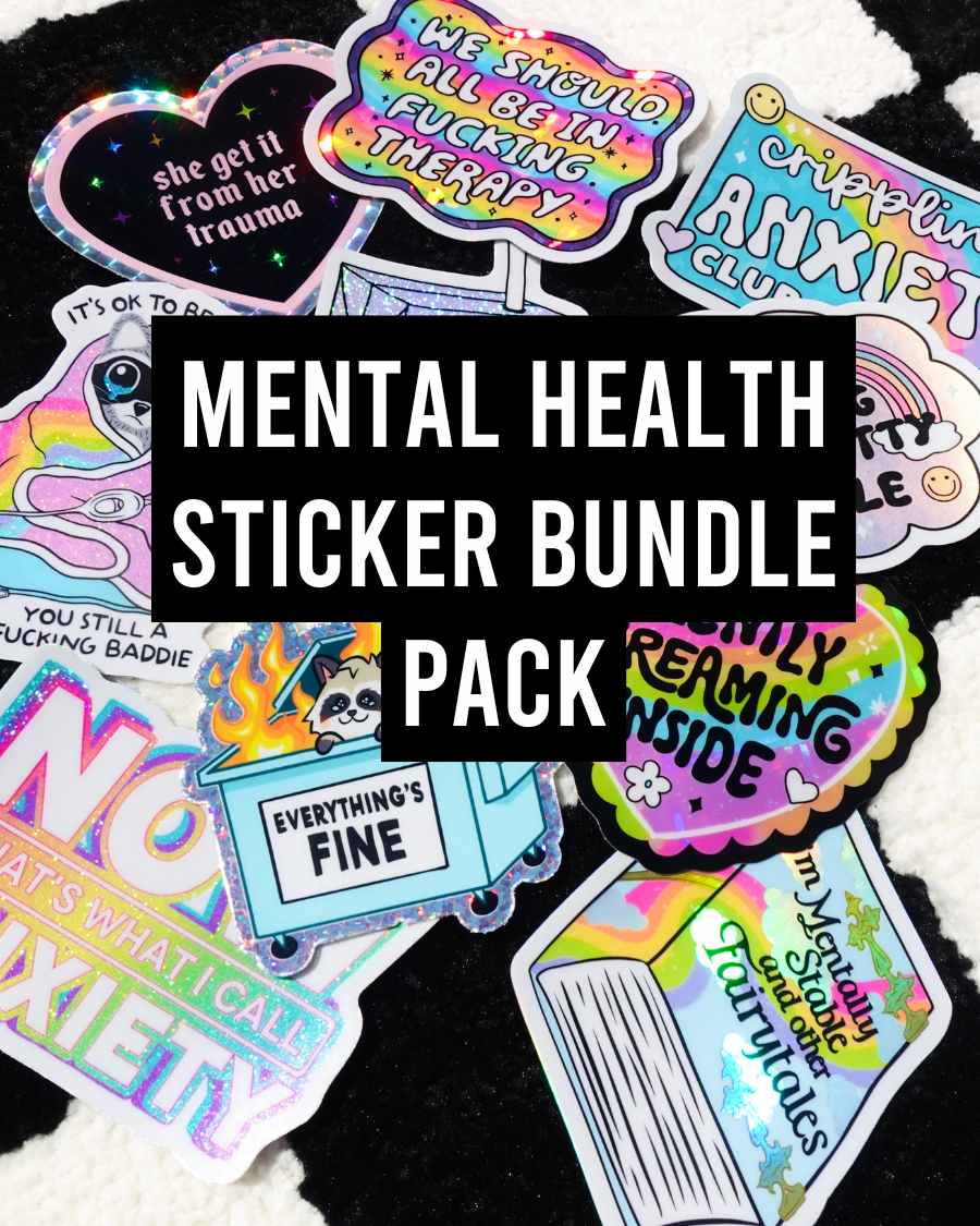 Funny Mental health sticker bundle with assorted colorful quotes and cartoon icons