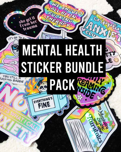 Funny Mental health sticker bundle with assorted colorful quotes and cartoon icons