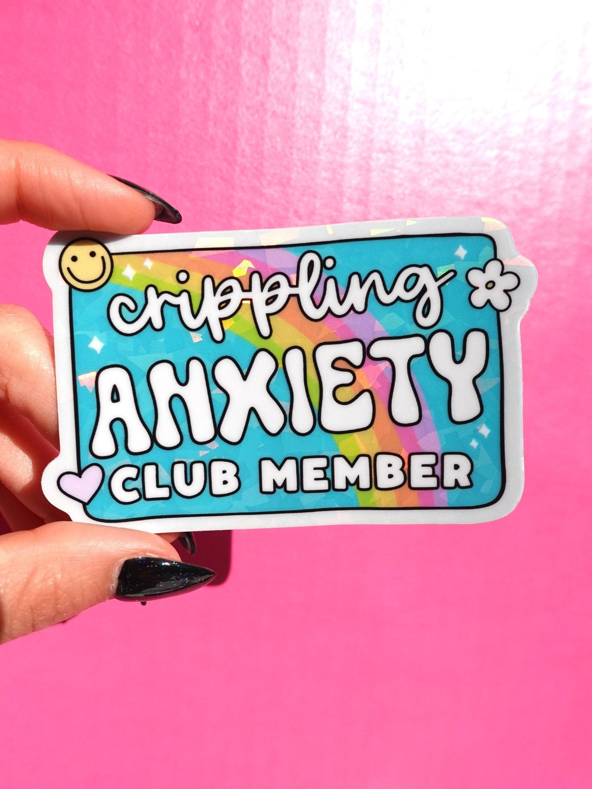 Funny Rectangular sticker with text “crippling ANXIETY CLUB MEMBER” and doodle accents